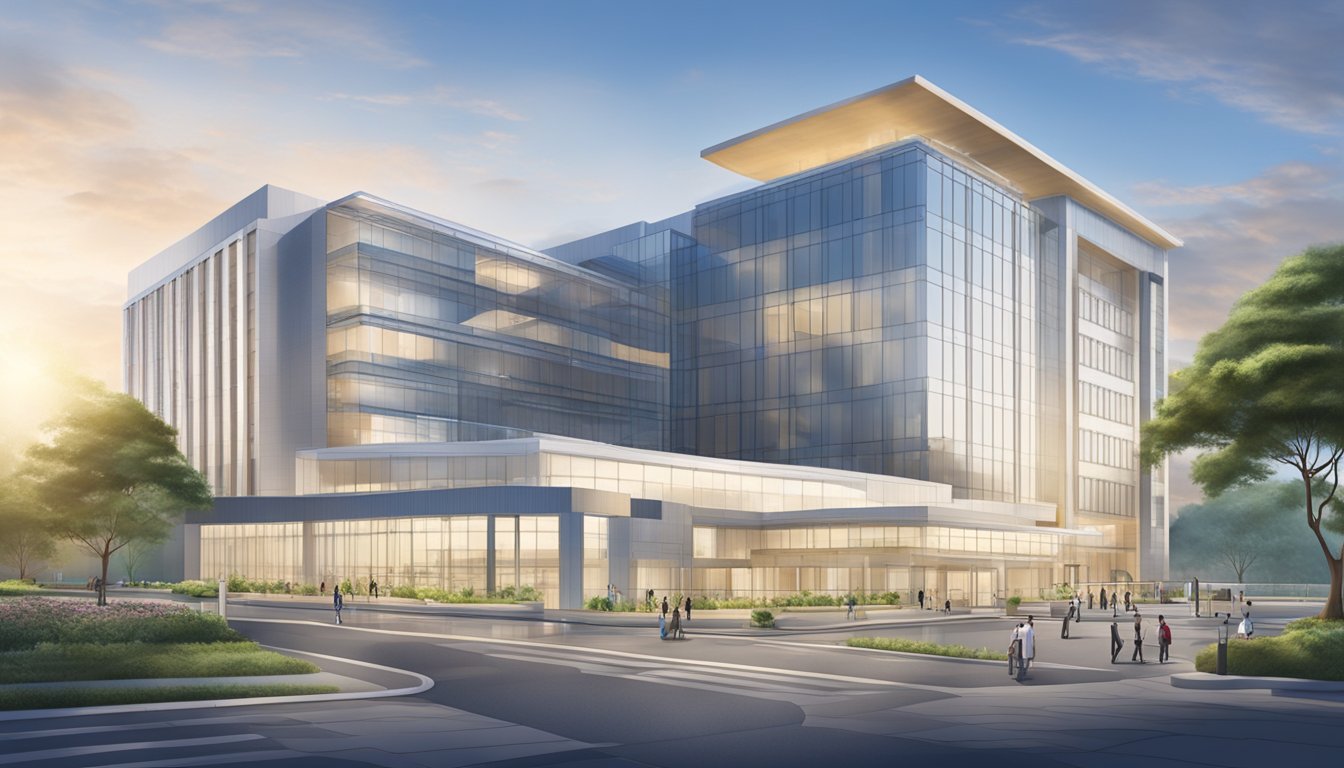 A modern, clean hospital exterior with clear signage displaying "National University Heart Centre" and "Dr Ling Lieng Hsi - Cardiologist." The scene is set during daytime with clear skies