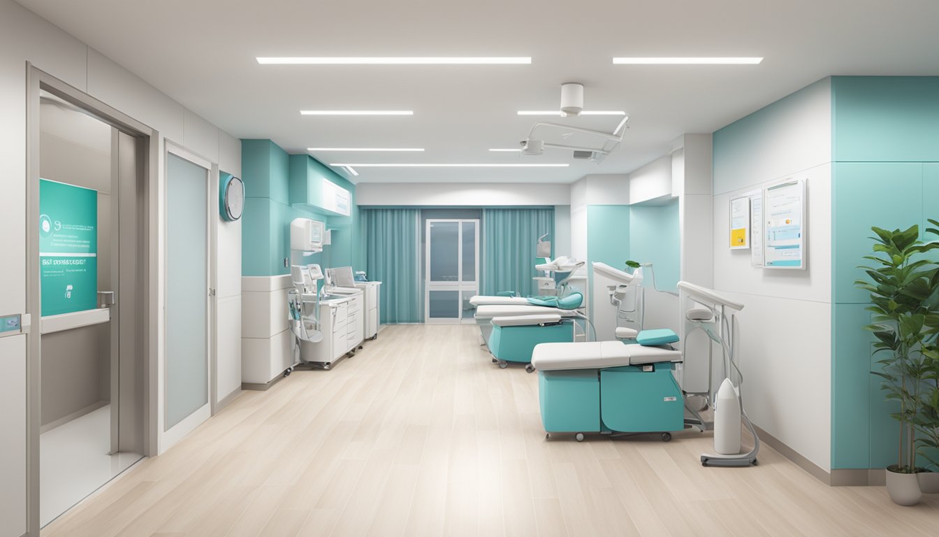 A modern, clean clinic interior with Koo Cardiac Clinic Pte Ltd signage and medical equipment