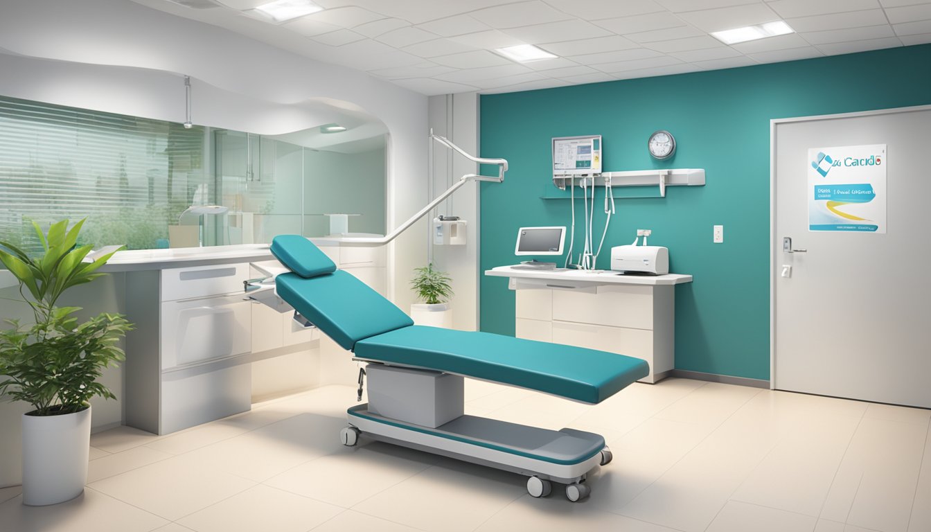 A modern, clean clinic interior with Koo Cardiac Clinic Pte Ltd signage and medical equipment
