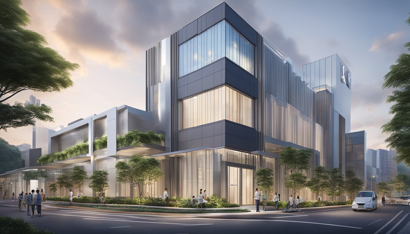The exterior of Koo Cardiac Clinic Pte Ltd, with a prominent sign and modern architecture, stands out in the bustling cityscape. A steady stream of patients enters and exits the clinic, reflecting a sense of trust and professionalism