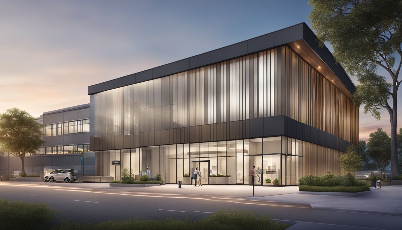 A modern, sleek clinic exterior with clear signage and operating hours displayed prominently