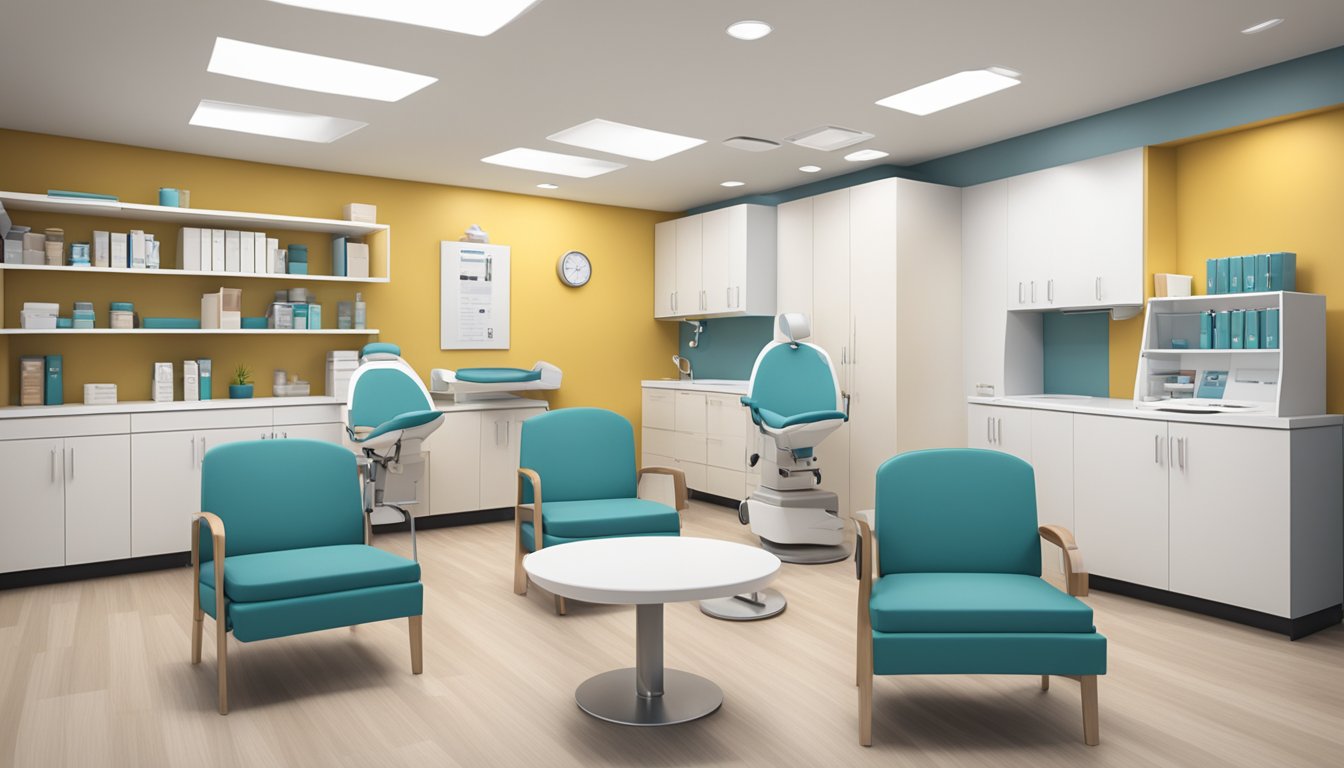 Dr. Leslie Tay's clinic: modern, clean, with medical equipment and comfortable seating. Logo prominently displayed