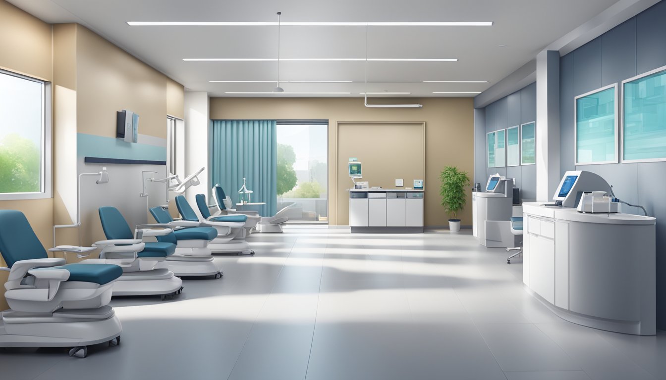 A modern clinic with a welcoming reception area, state-of-the-art medical equipment, and comfortable consultation rooms