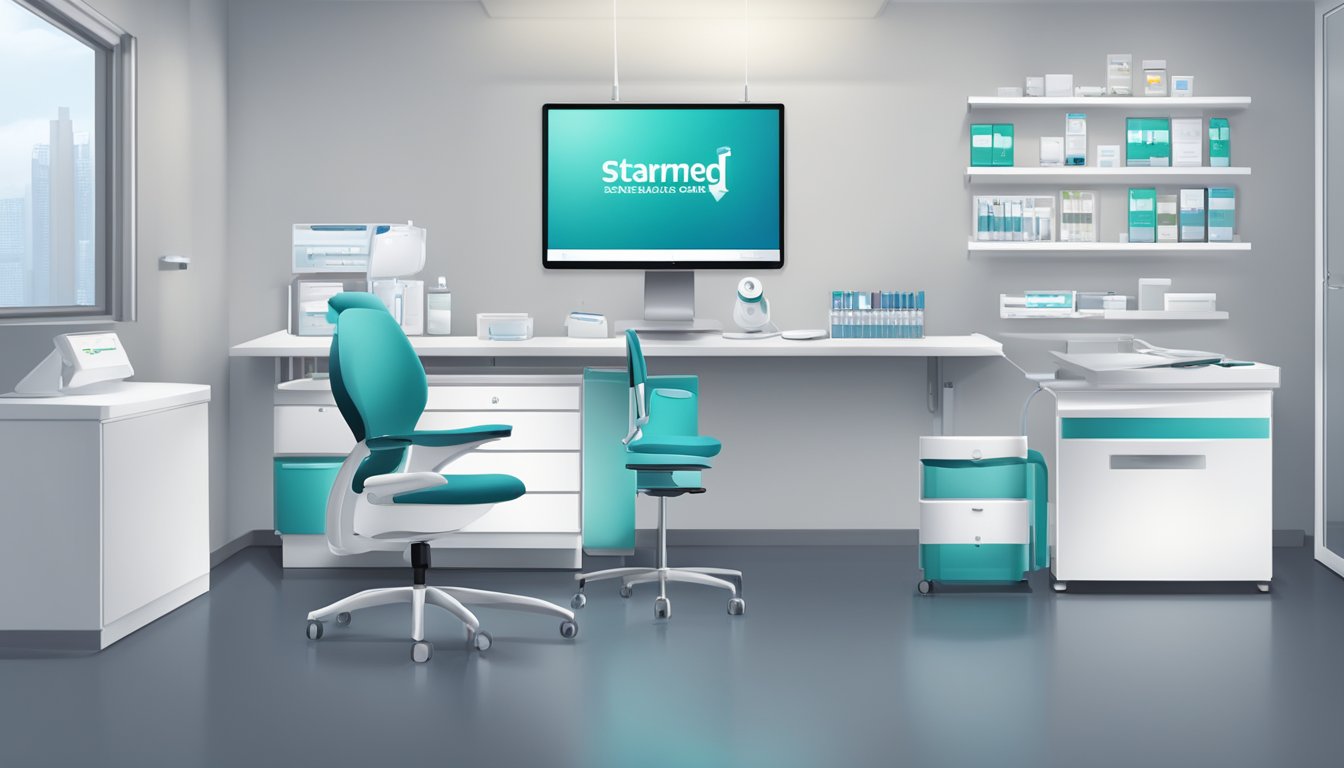 A modern, clean medical office with a desk, computer, and medical equipment. The logo "StarMed Specialist Centre" is prominently displayed
