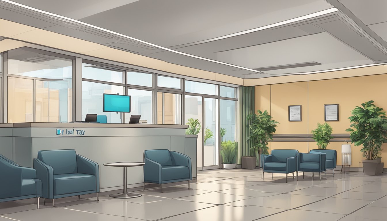 A cardiologist's office with a sign reading "Dr Leslie Tay Heart Specialist Clinic" and a waiting area with chairs and a reception desk
