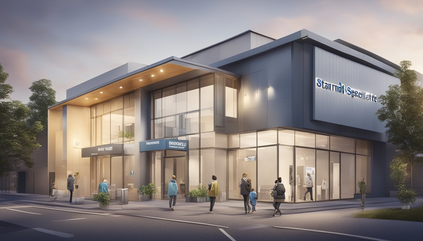 A modern medical clinic exterior with clear signage, indicating "StarMed Specialist Centre." The surrounding area is well-lit, and the building appears to be open for business