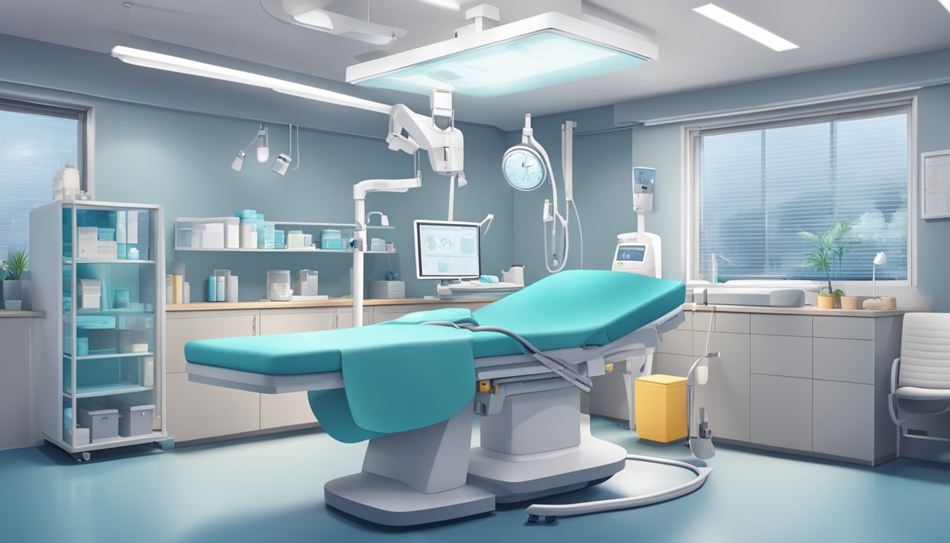 A modern clinic with a clean and professional atmosphere, featuring medical equipment and heart-related imagery