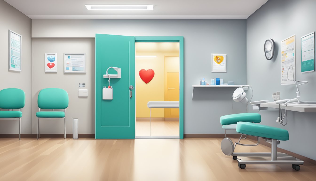 A modern clinic with a heart-shaped logo on the door, a stethoscope, and a medical diploma on the wall