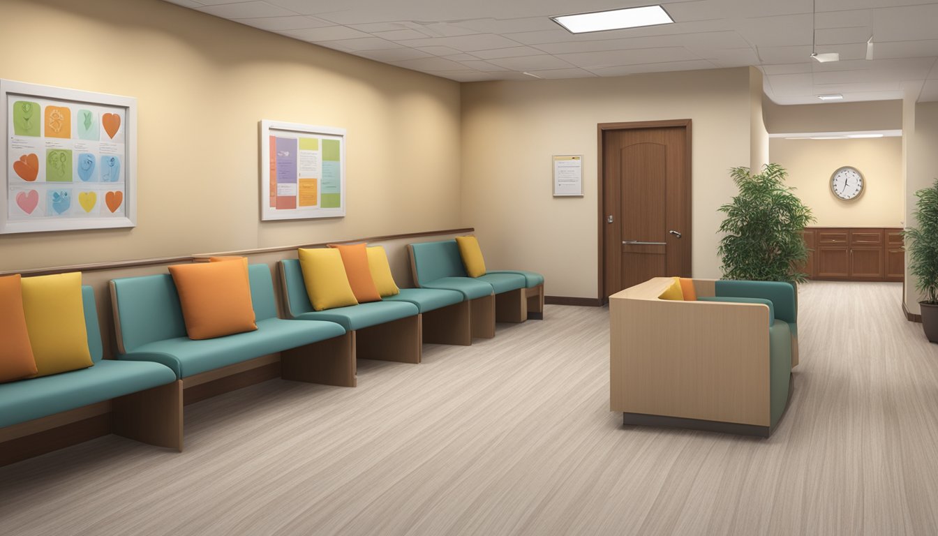 The Heart Specialist Clinic's waiting room bustles with patients. A serene atmosphere prevails, with soft lighting and comfortable seating. The reception area is well-organized, and the walls are adorned with educational posters on heart health