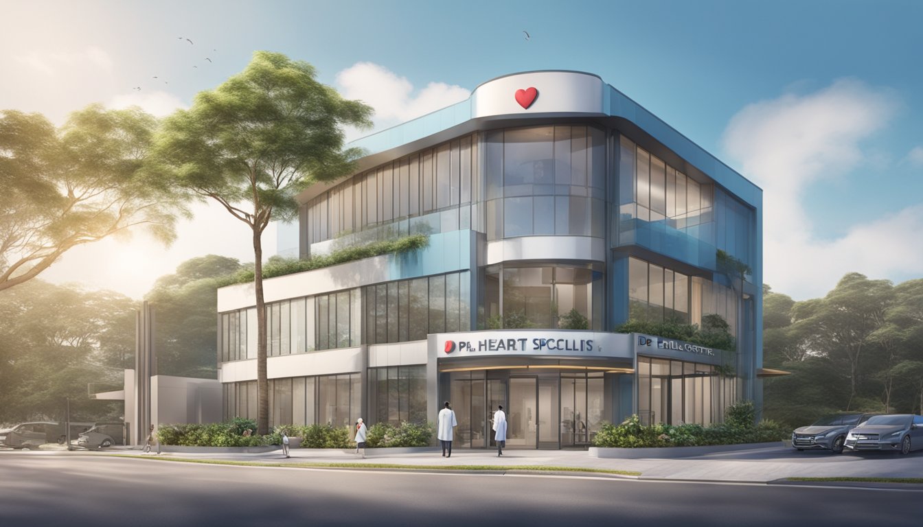 A modern clinic exterior with a prominent sign reading "Dr Paul Lim - The Heart Specialist Clinic | SG Cardiologist."
