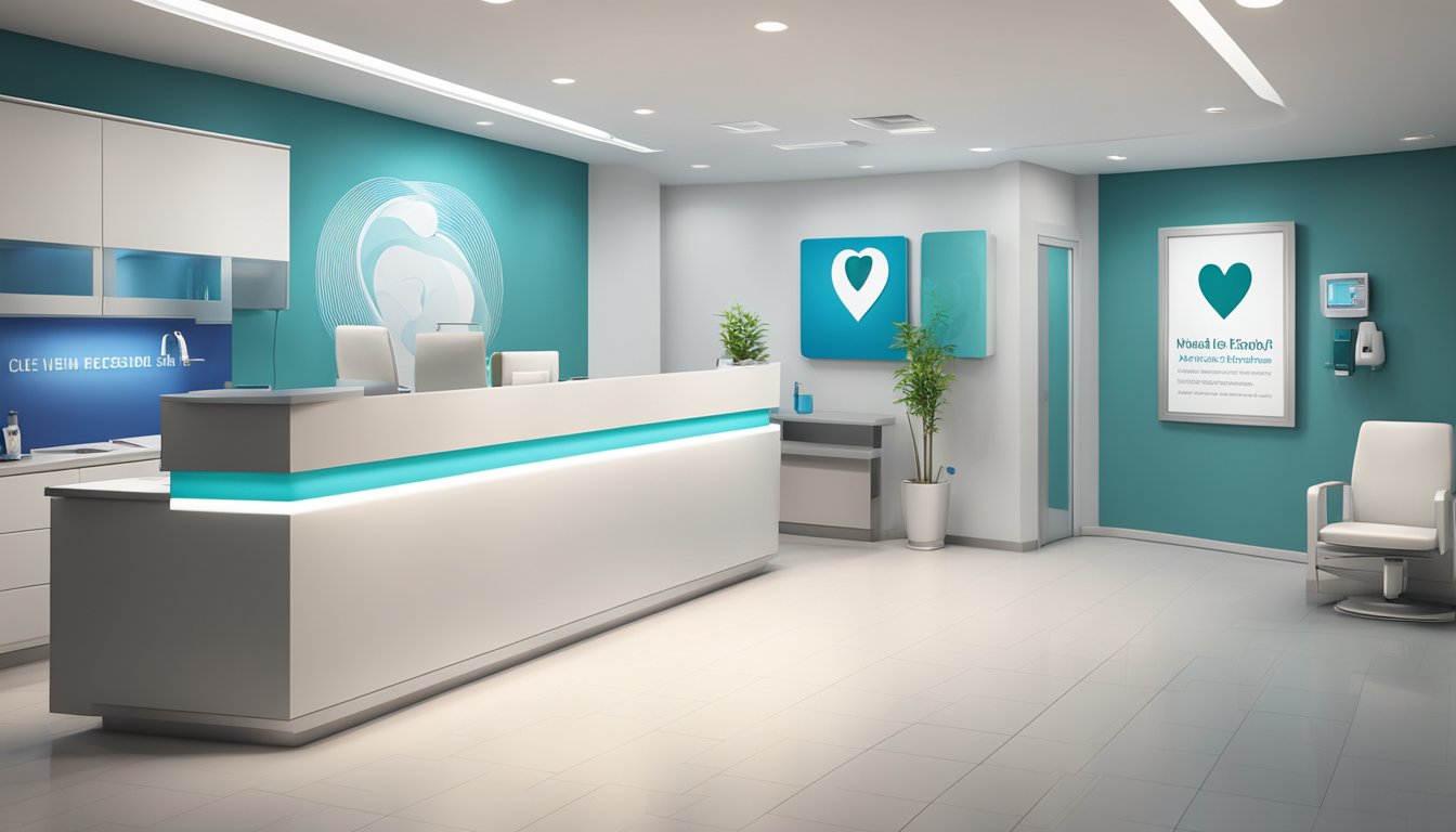 A modern clinic with a heart motif logo, welcoming reception area, and state-of-the-art medical equipment