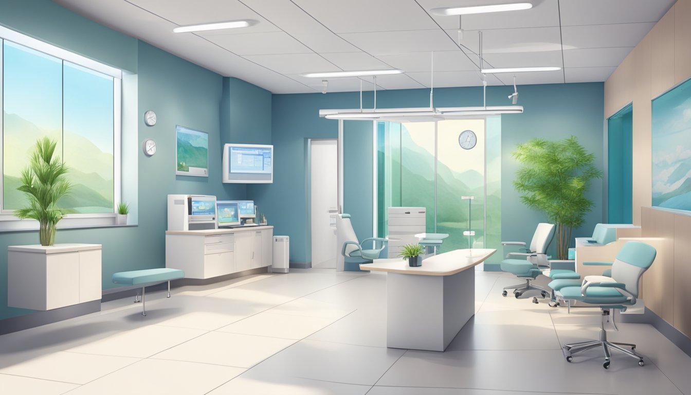 A modern clinic with a welcoming reception area, state-of-the-art medical equipment, and comfortable consultation rooms