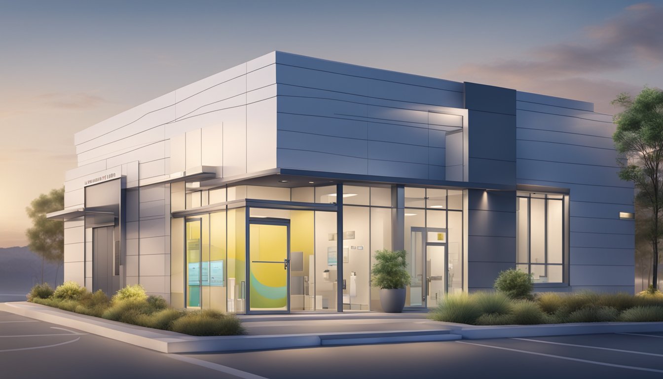 A modern clinic exterior with clear signage, open doors, and visible operating hours displayed