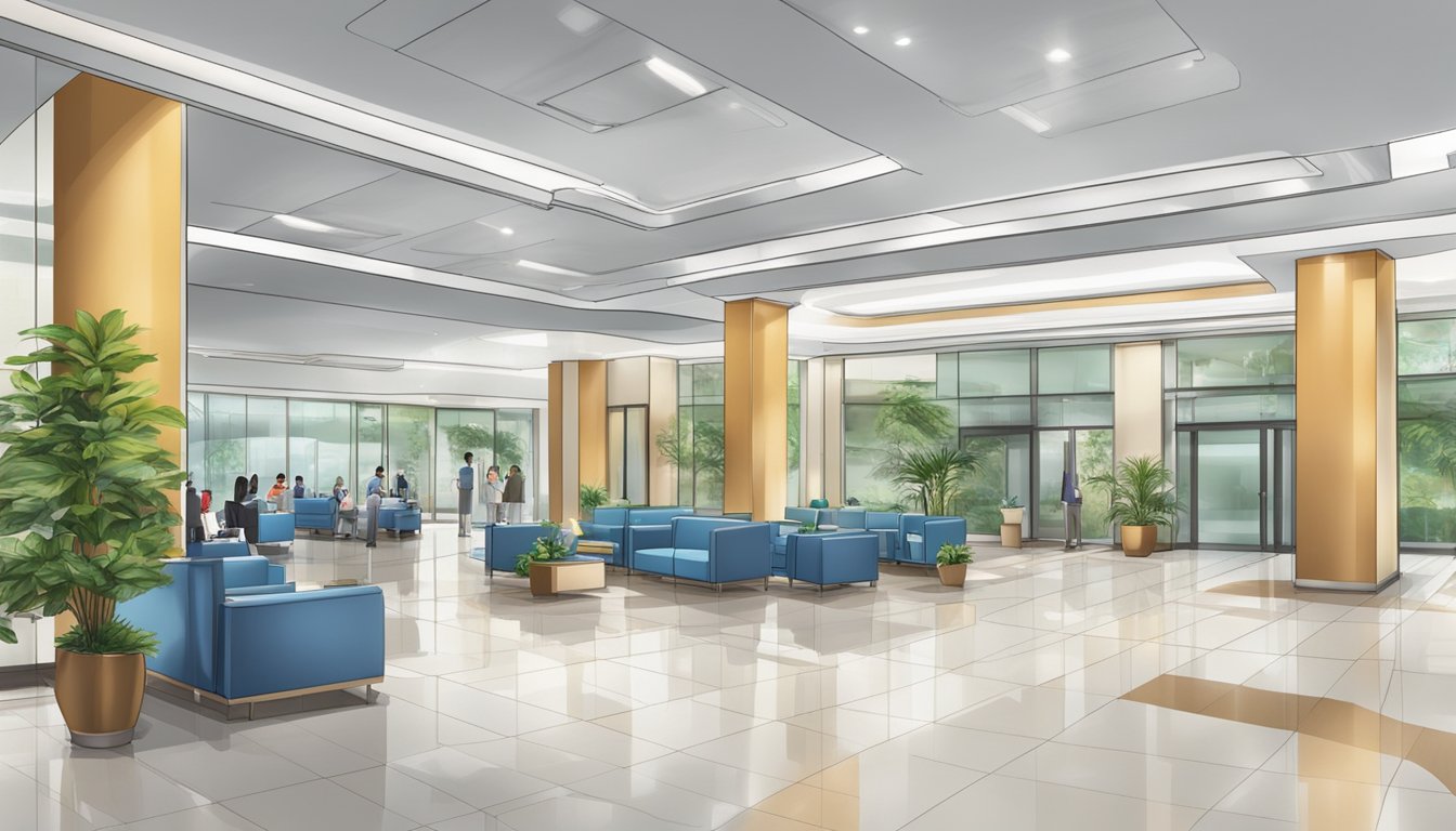 A modern, bustling hospital lobby with a prominent sign for "Dr Leow Khang Leng - Nobel Heart Centre (Mount Elizabeth Novena) | SG Cardiologist" displayed prominently