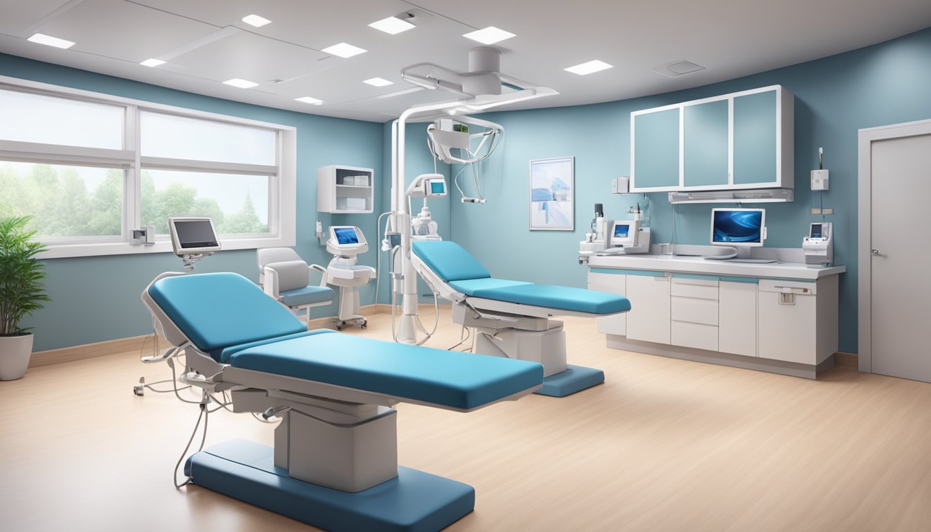 A modern, well-equipped cardiology center with a sleek and professional aesthetic. The space is bright and clean, with state-of-the-art medical equipment and comfortable seating for patients