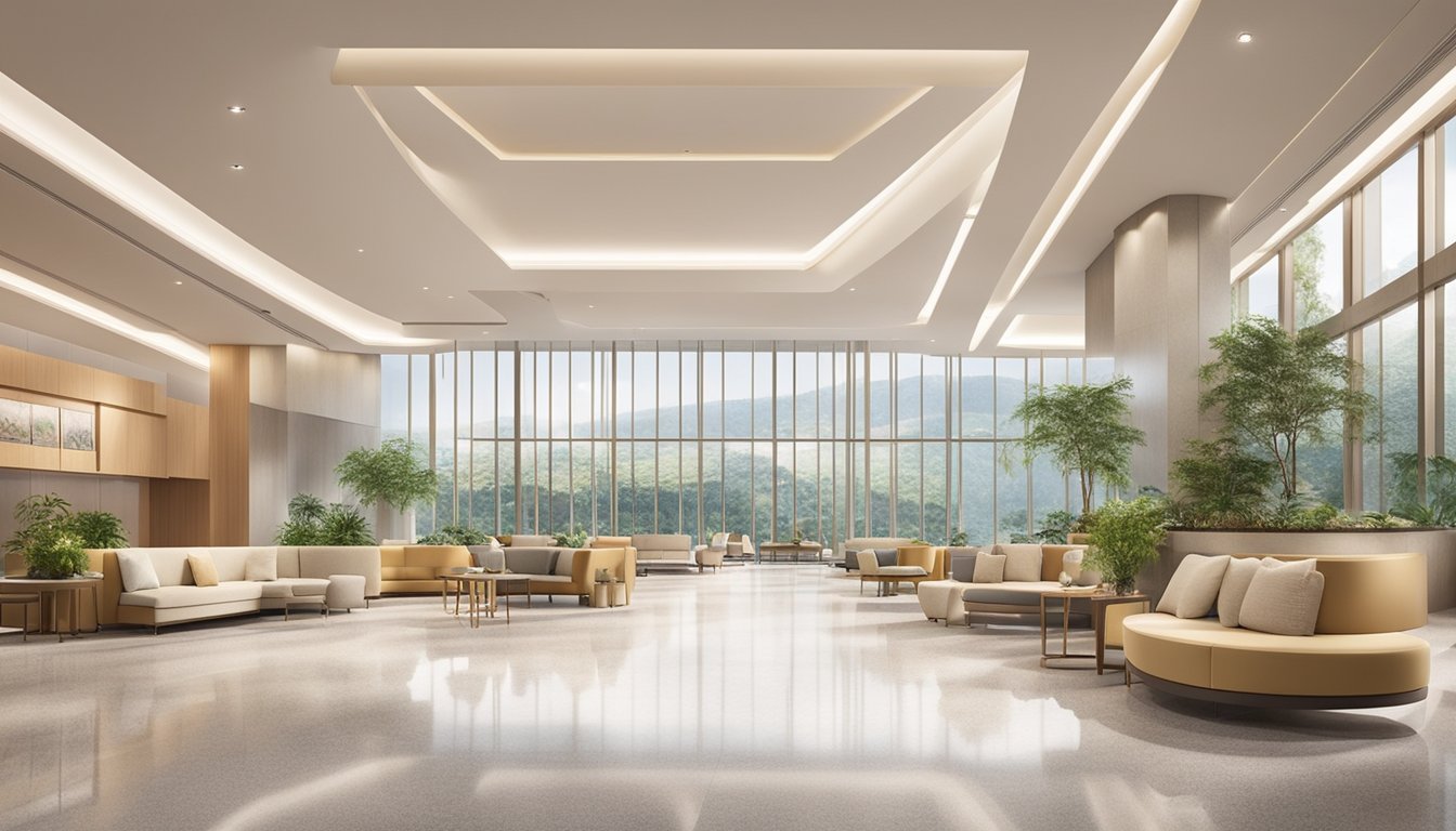 The modern, spacious lobby of Nobel Heart Centre at Mount Elizabeth Novena, with its calming color scheme and comfortable seating, welcomes visitors seeking expert cardiac care from Dr. Leow Khang Leng