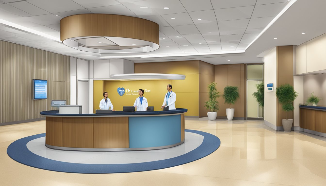 A modern hospital lobby with a prominent sign "Dr Saurabh Rastogi - Nobel Heart Centre (Gleneagles) | SG Cardiologist" displayed above the reception desk