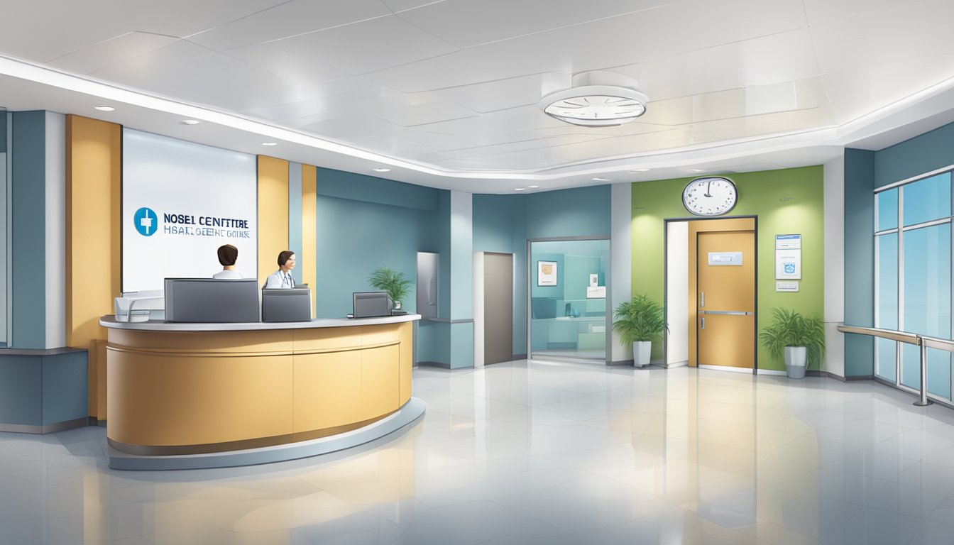 A modern hospital lobby with a reception desk, a sign displaying "Nobel Heart Centre," and a clock indicating operating hours