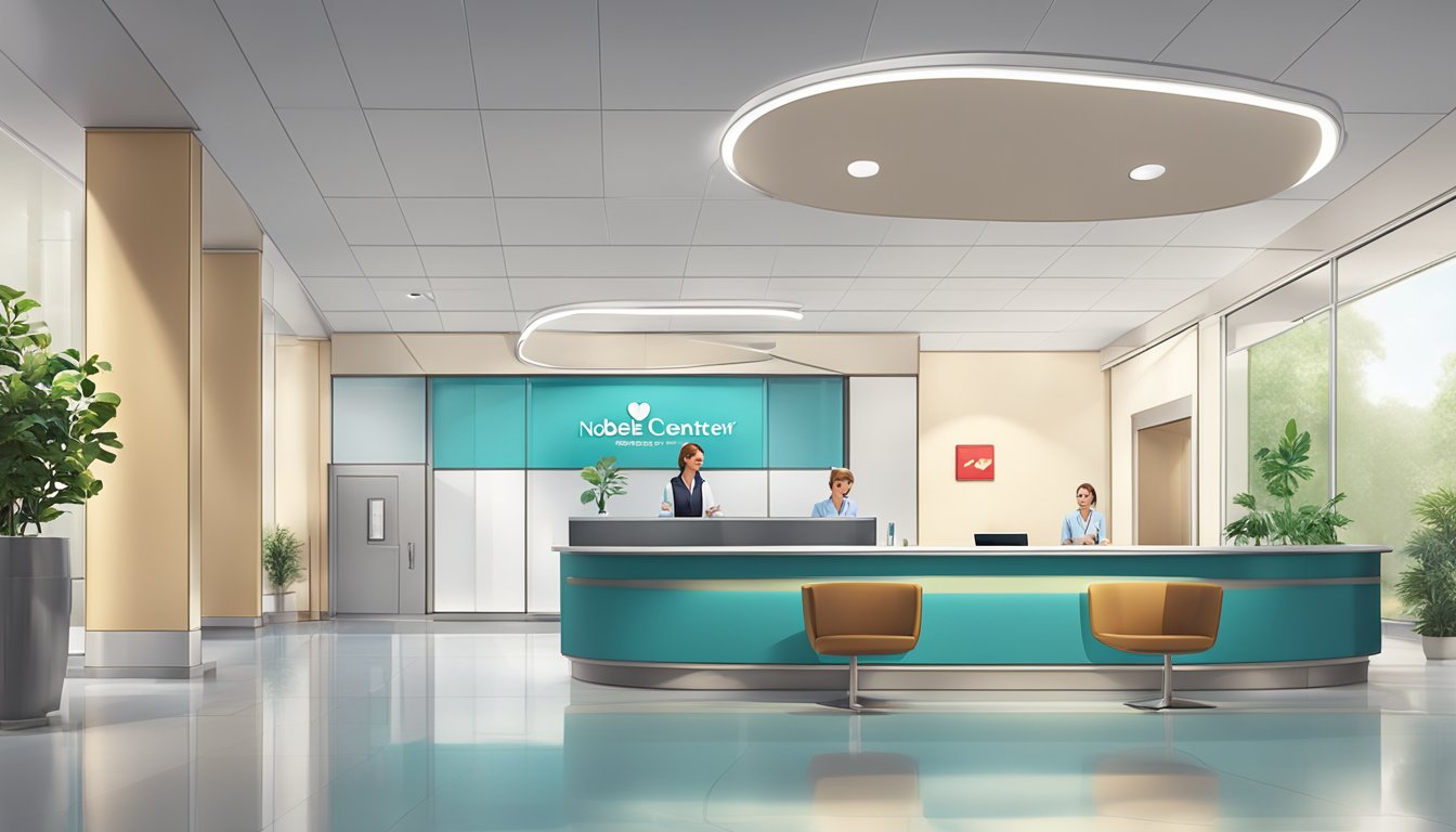 A modern hospital lobby with the Nobel Heart Centre sign, a reception desk, and comfortable seating area