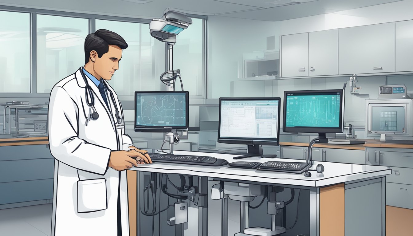 A cardiologist in a hospital setting, with medical equipment and heart-related imagery