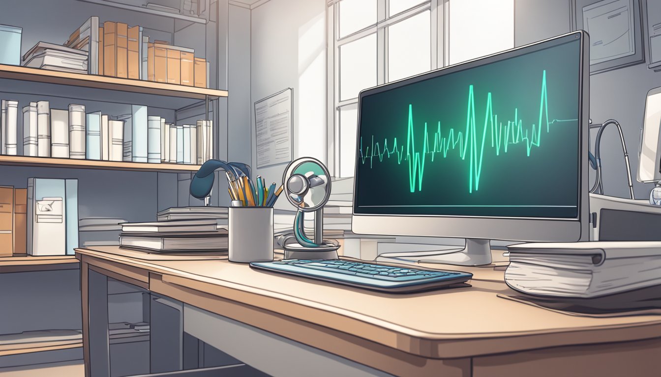 A stethoscope rests on a desk next to a computer displaying heart scans. Medical textbooks and a diploma line the shelves in the background