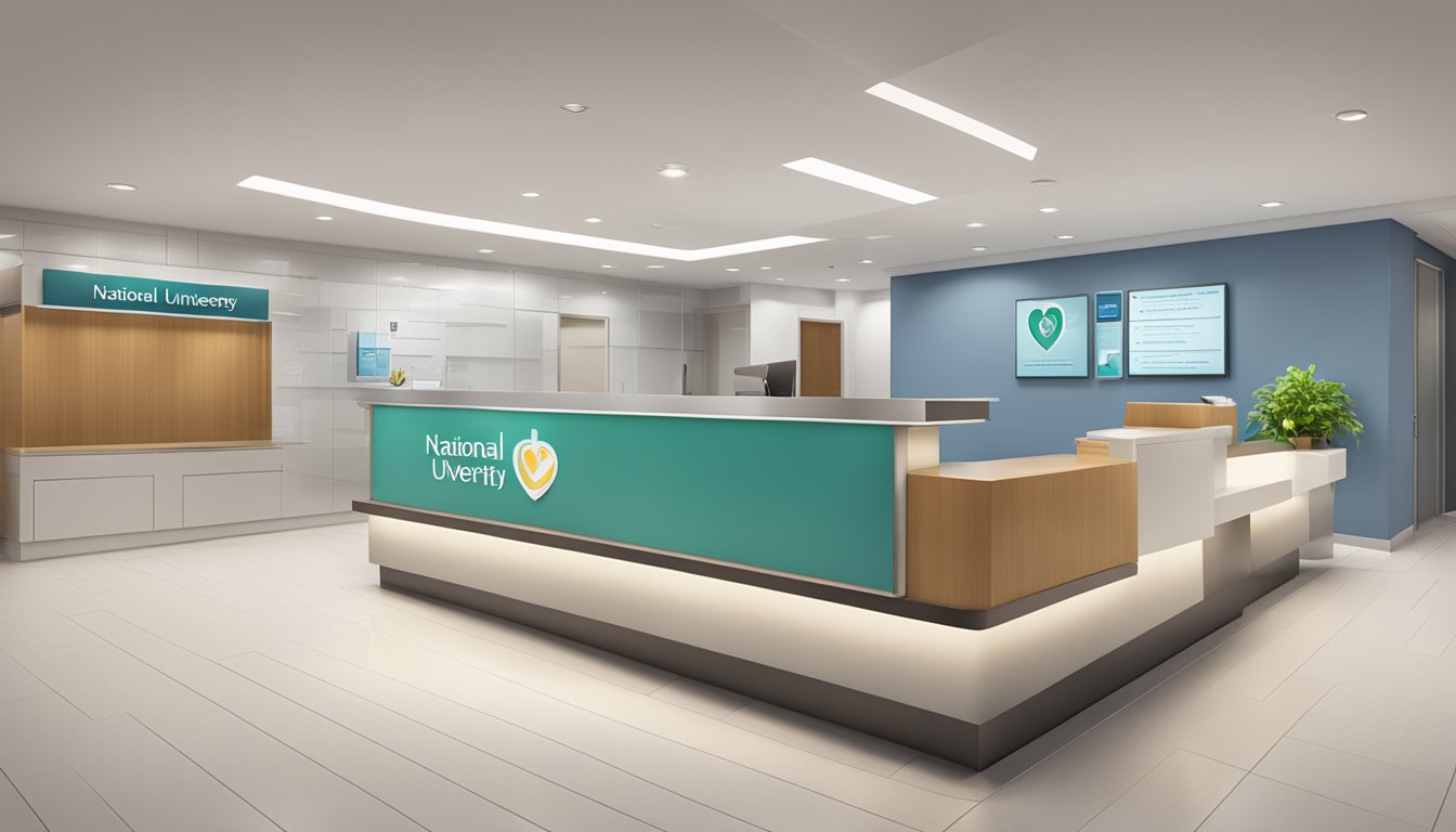 A modern hospital lobby with a sleek reception desk and comfortable seating area. A sign prominently displays "National University Heart Centre" with a logo