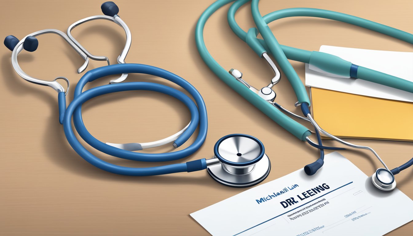A stethoscope resting on a sleek, modern desk with a professional nameplate reading "Dr Michael Lim Chun Leng - Royal Healthcare | SG Cardiologist."