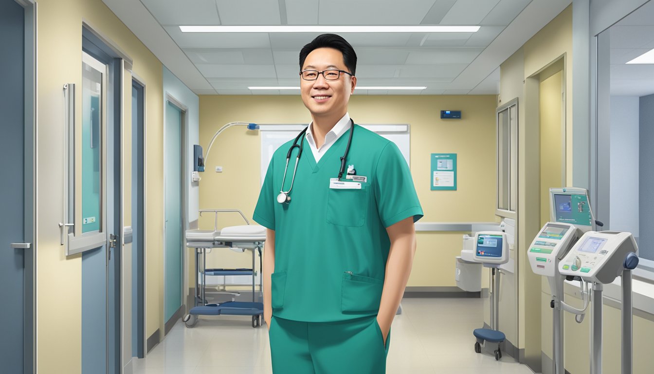 Dr. Michael Lim Chun Leng stands in a modern hospital hallway, surrounded by medical equipment and staff in professional attire. The hospital logo is prominently displayed on the wall behind him