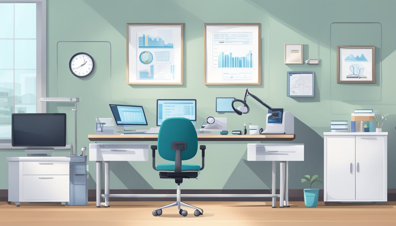 A cardiologist's office with a desk, computer, medical equipment, and a stethoscope. The room is bright and clean, with a professional and welcoming atmosphere