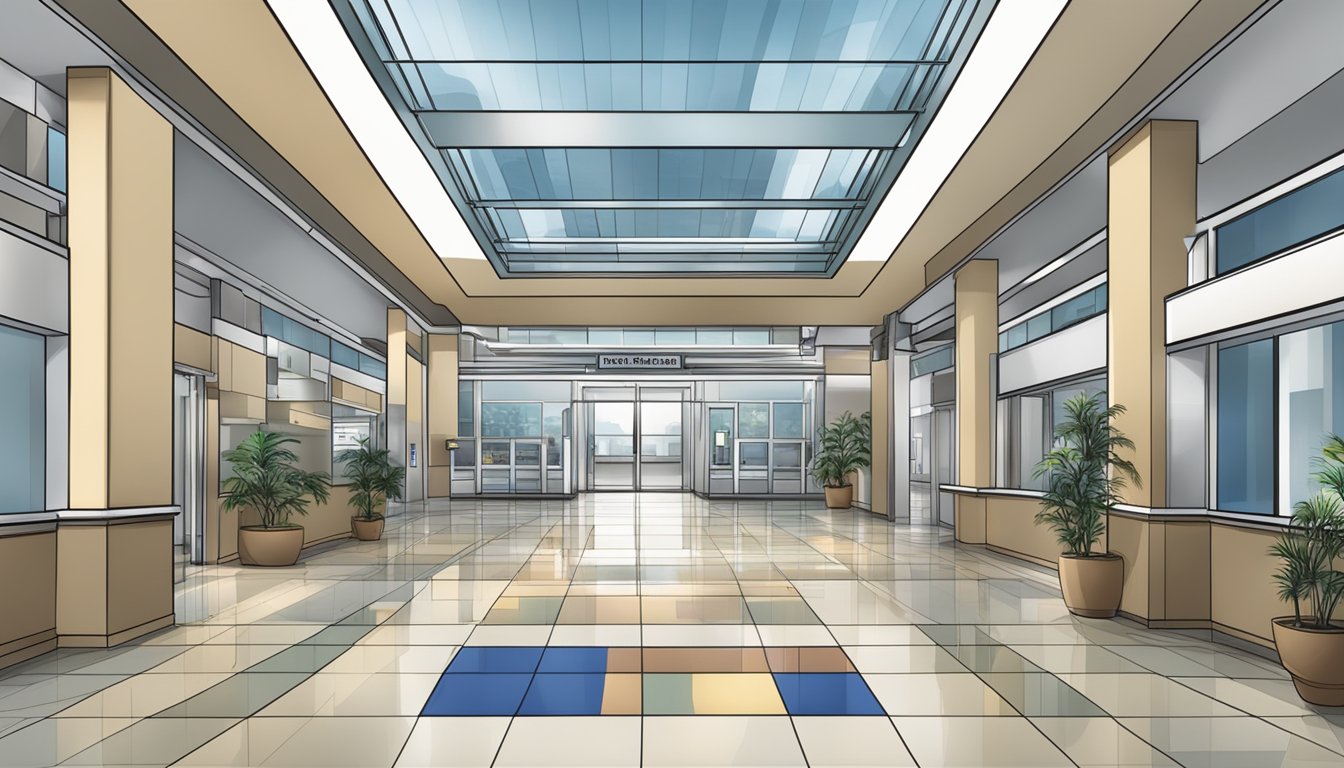 A modern hospital lobby with a sign reading "Royal Healthcare" and a prominent display of Dr. Michael Lim Chun Leng's name and title as a cardiologist
