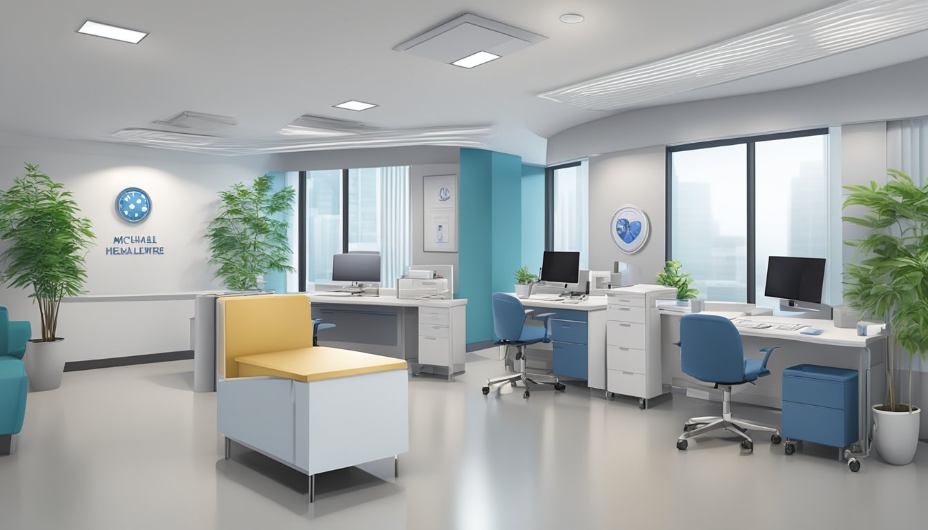 A modern, clean medical office with the name "Dr Michael Lim Chun Leng - Royal Healthcare | SG Cardiologist" displayed prominently