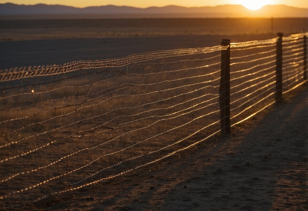 A chainlink fence stretches across a barren landscape, with the sun setting in the distance, casting long shadows on the ground