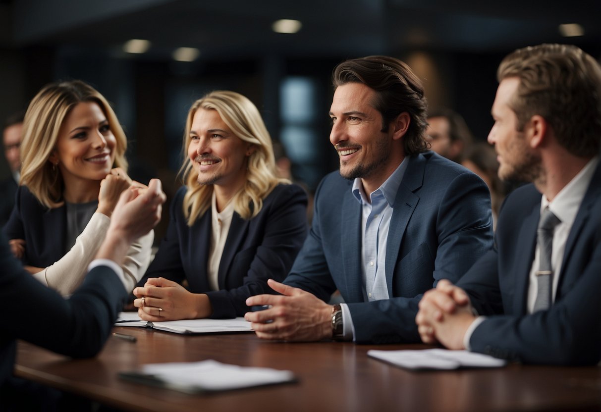 A group of individuals engaged in a lively debate, each presenting their case with passion and conviction. The atmosphere is charged with energy as they seek to persuade and convince their audience