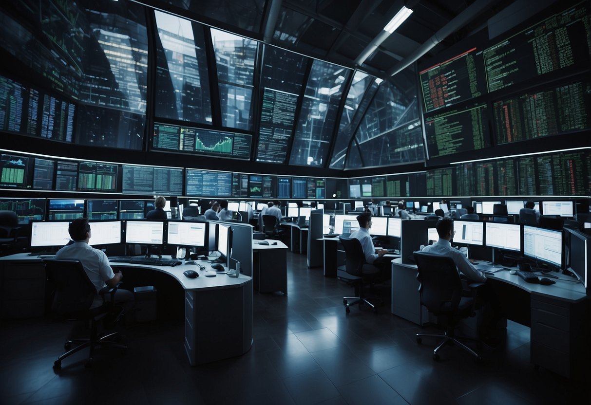 Multiple computer screens displaying live market data and charts. A busy trading floor with traders analyzing and executing trades. Bright and modern office setting