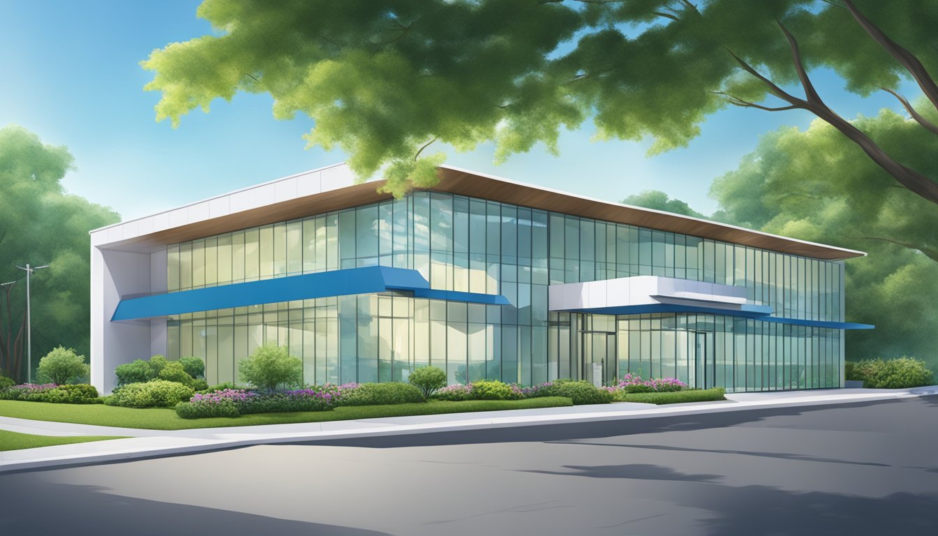 The exterior of W M Wong Cardiac & Medical Clinic, a modern building with a prominent sign, surrounded by lush greenery and a clear blue sky