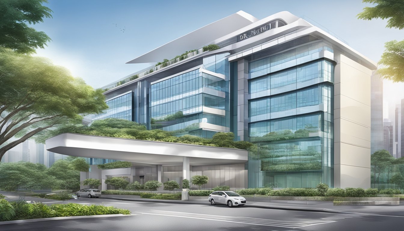 A modern medical center with the name "Dr Ng Moi Pen - Mount Elizabeth Medical Centre" in Singapore