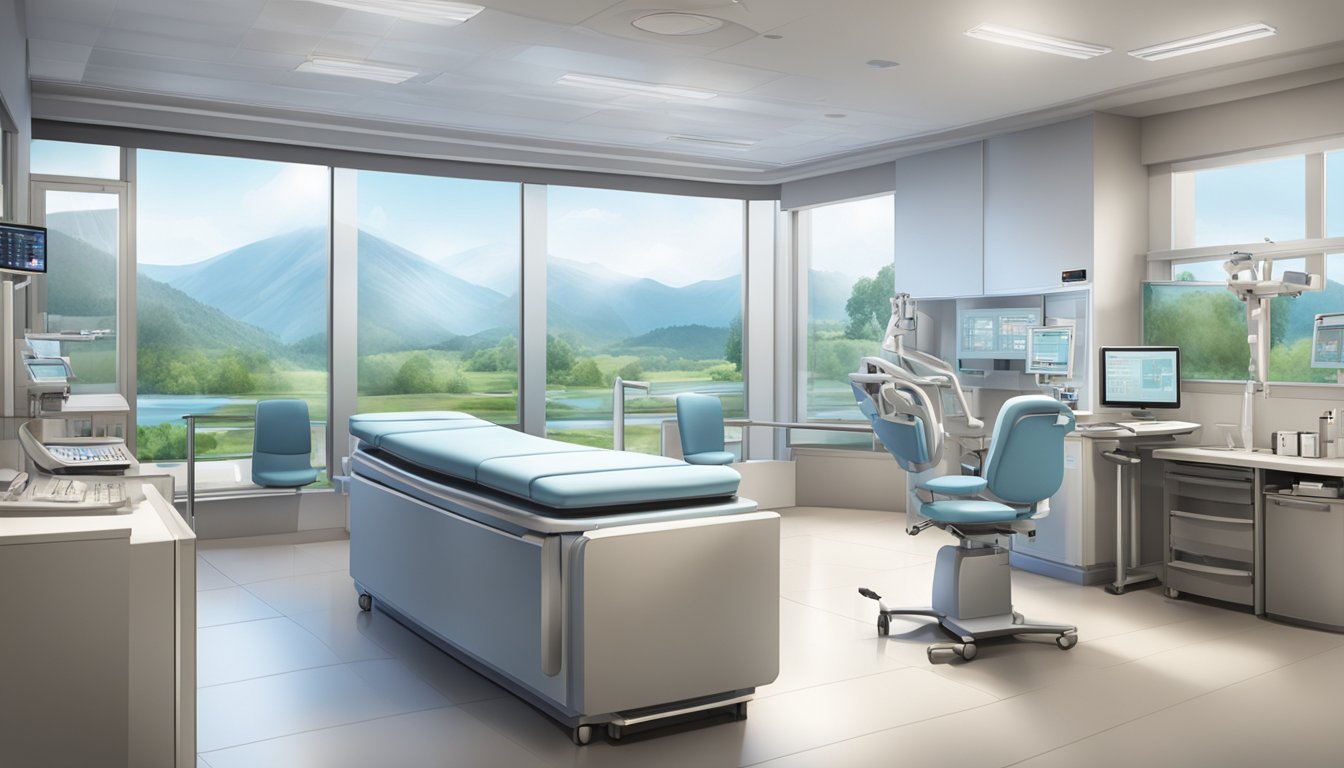A modern medical center with state-of-the-art equipment and a serene atmosphere, offering top-notch cardiology services by Dr. Ng Moi Pen