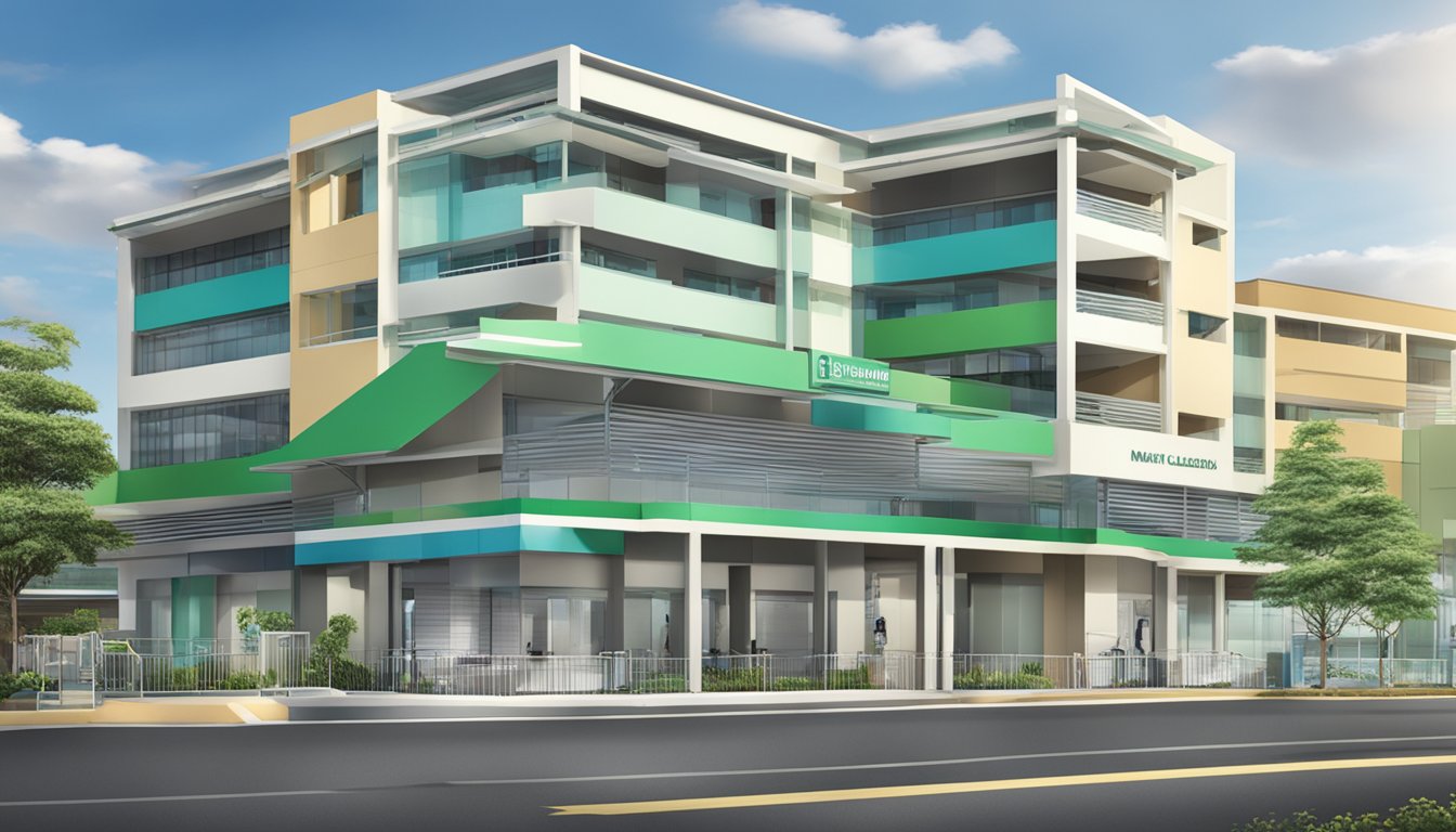 A bright, modern medical centre with the name "Mount Elizabeth Medical Centre" prominently displayed. The sign for "Dr Ng Moi Pen - Cardiologist" is clearly visible
