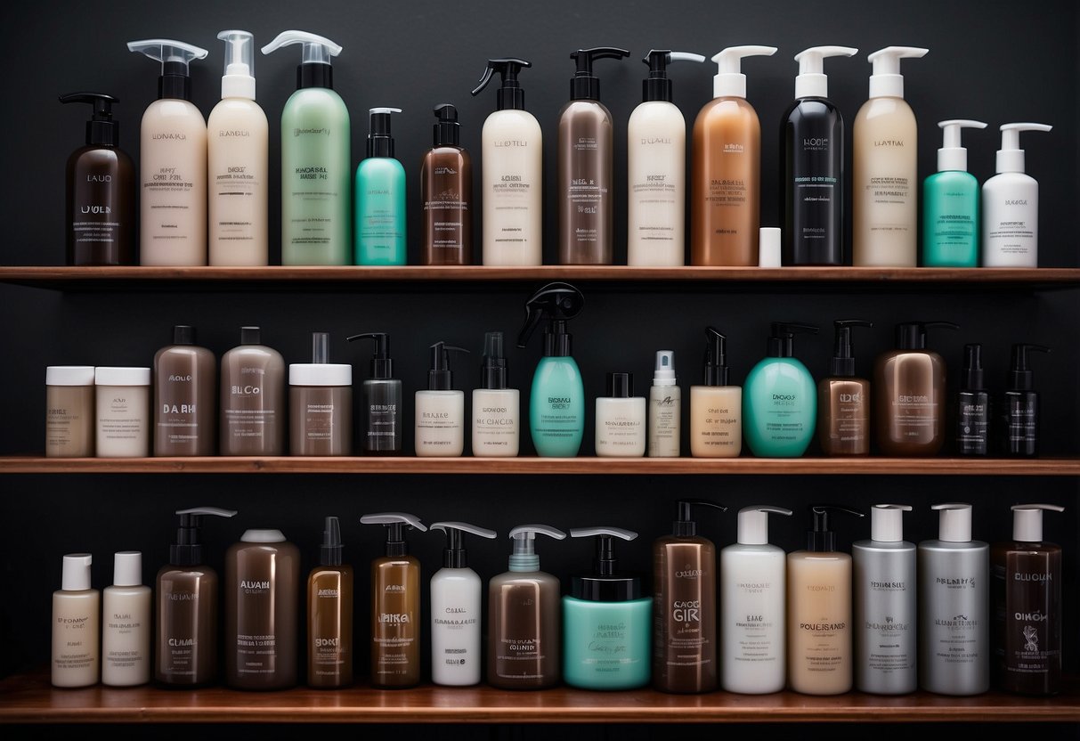 A collection of hair volumizing products displayed with clear labels, surrounded by a variety of hair care items to avoid