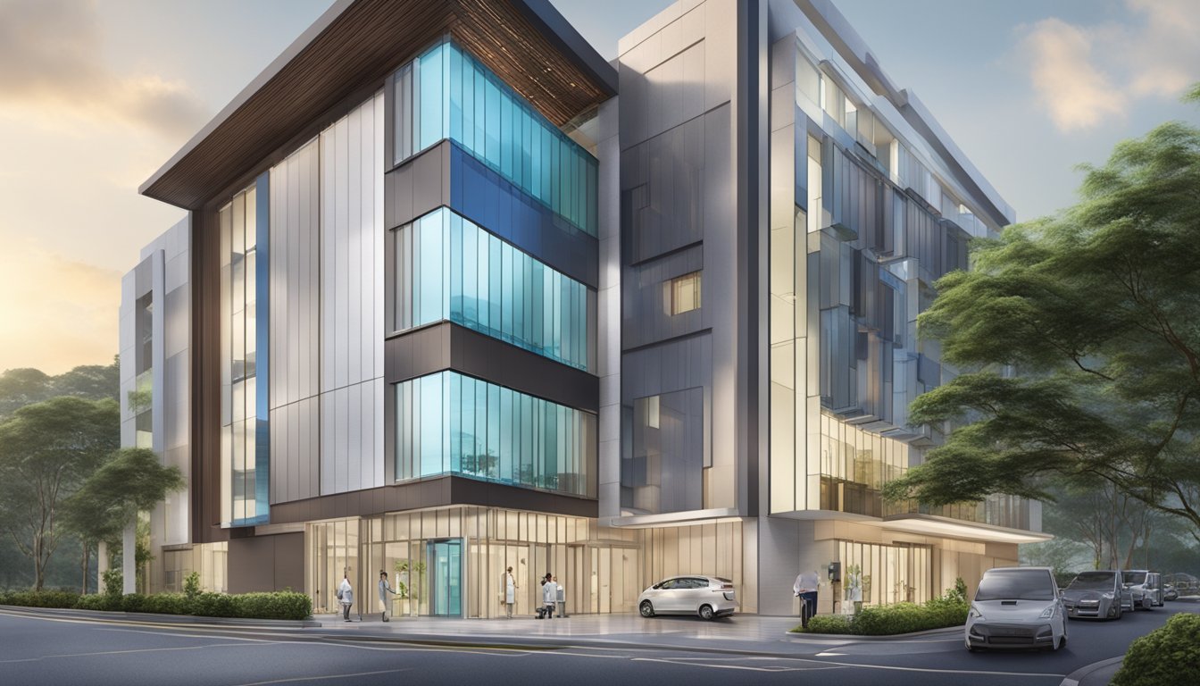 A modern medical centre exterior with prominent signage for Dr. Tong Ming Chuan, a cardiologist, located at Mount Elizabeth Medical Centre in Singapore
