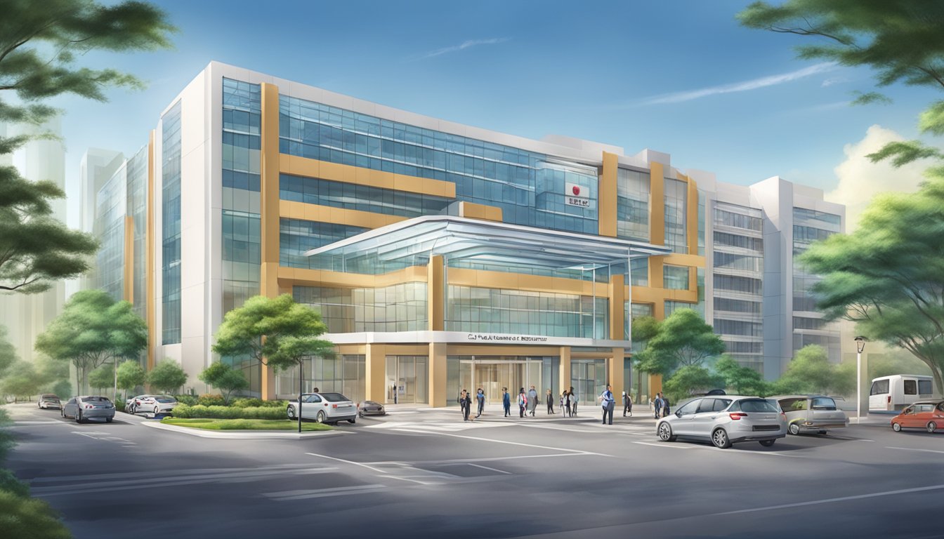 A modern, bustling medical center with a prominent sign for Dr. Tong Ming Chuan, a leading cardiologist at Mount Elizabeth Medical Centre