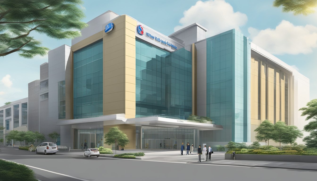 A bright and modern medical center with the name "Mount Elizabeth Medical Centre" prominently displayed. The sign for "Dr Tong Ming Chuan - Cardiologist" is visible, along with the operating hours