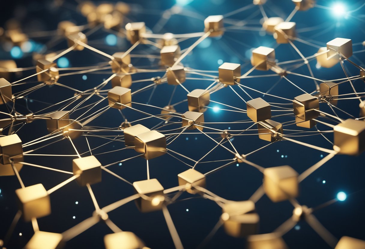 A network of interconnected blocks expanding infinitely, representing blockchain scalability solutions. Data flowing seamlessly between nodes, ensuring availability and accessibility