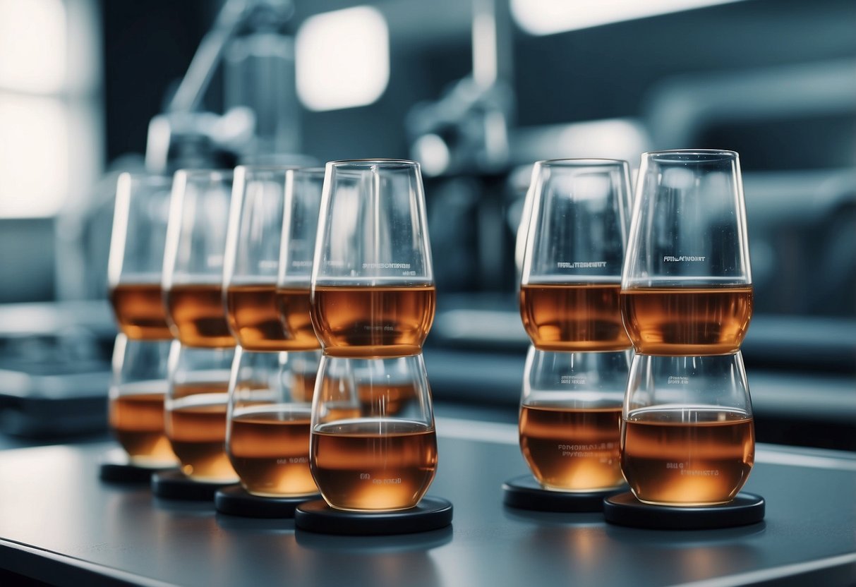 A laboratory setting with peptide molecules interacting with muscle cells, causing them to grow and strengthen. Equipment and diagrams show the process of peptide enhancement