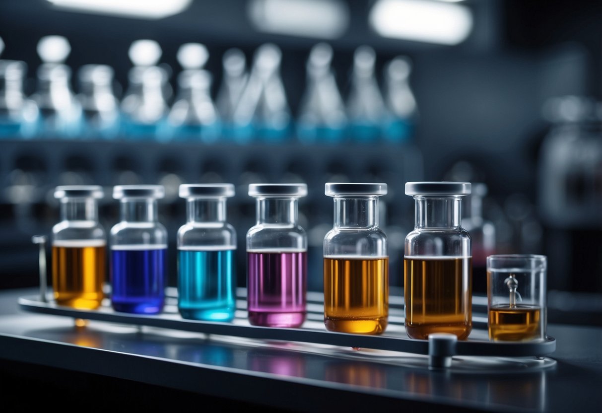 A laboratory setting with vials, test tubes, and scientific equipment, showcasing the process of peptide synthesis and its potential impact on muscle growth in fitness and bodybuilding