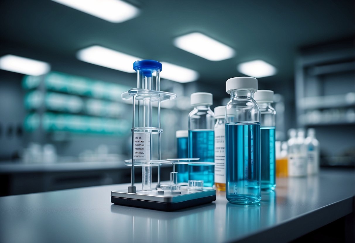 A lab setting with peptide vials, safety equipment, and regulatory documents. No humans or body parts