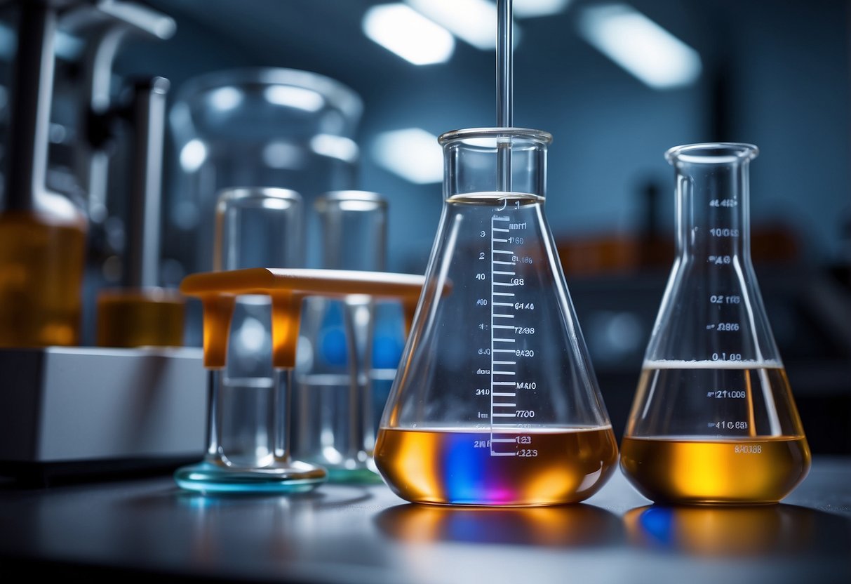 Peptides in a laboratory setting, with test tubes, beakers, and scientific equipment. Graphs showing muscle growth
