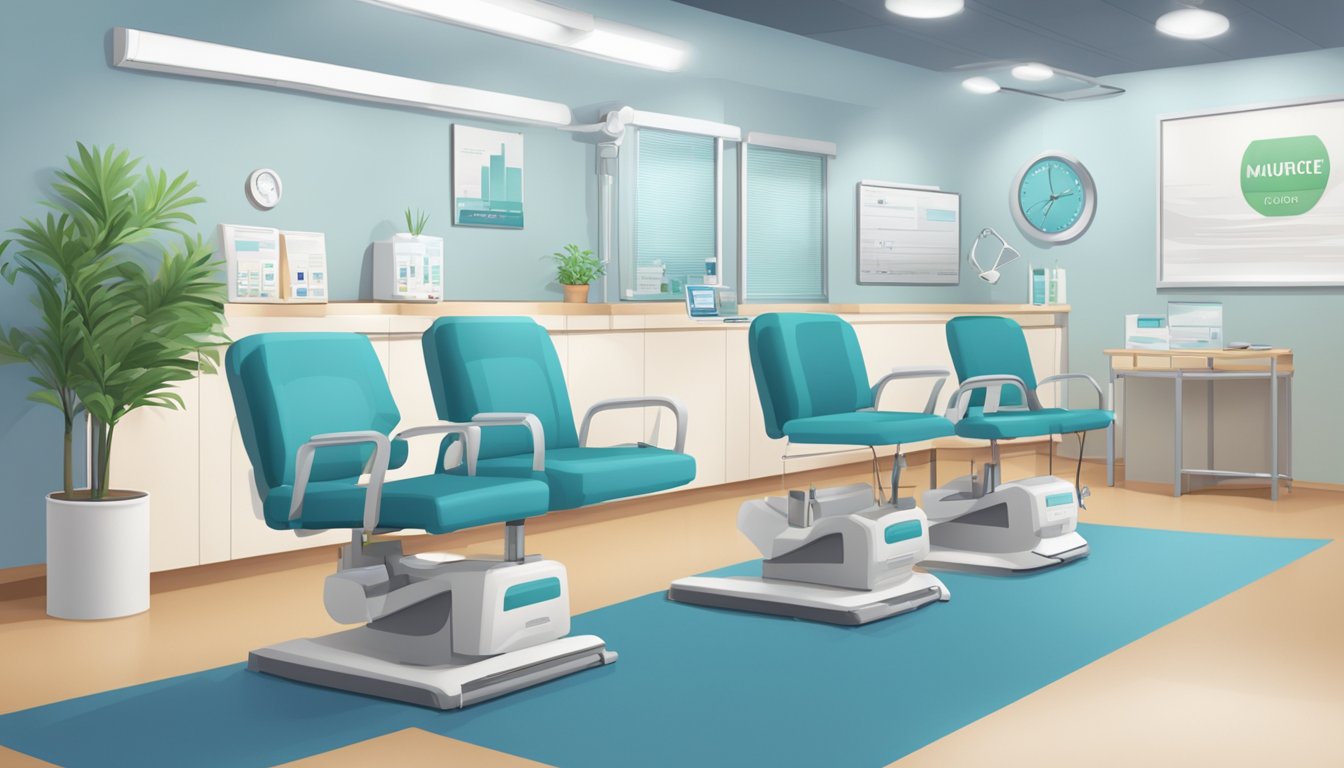 A modern medical clinic with a sign reading "Maurice Choo Clinic" and "SG Cardiologist". Clean, professional, and welcoming environment with medical equipment and comfortable seating