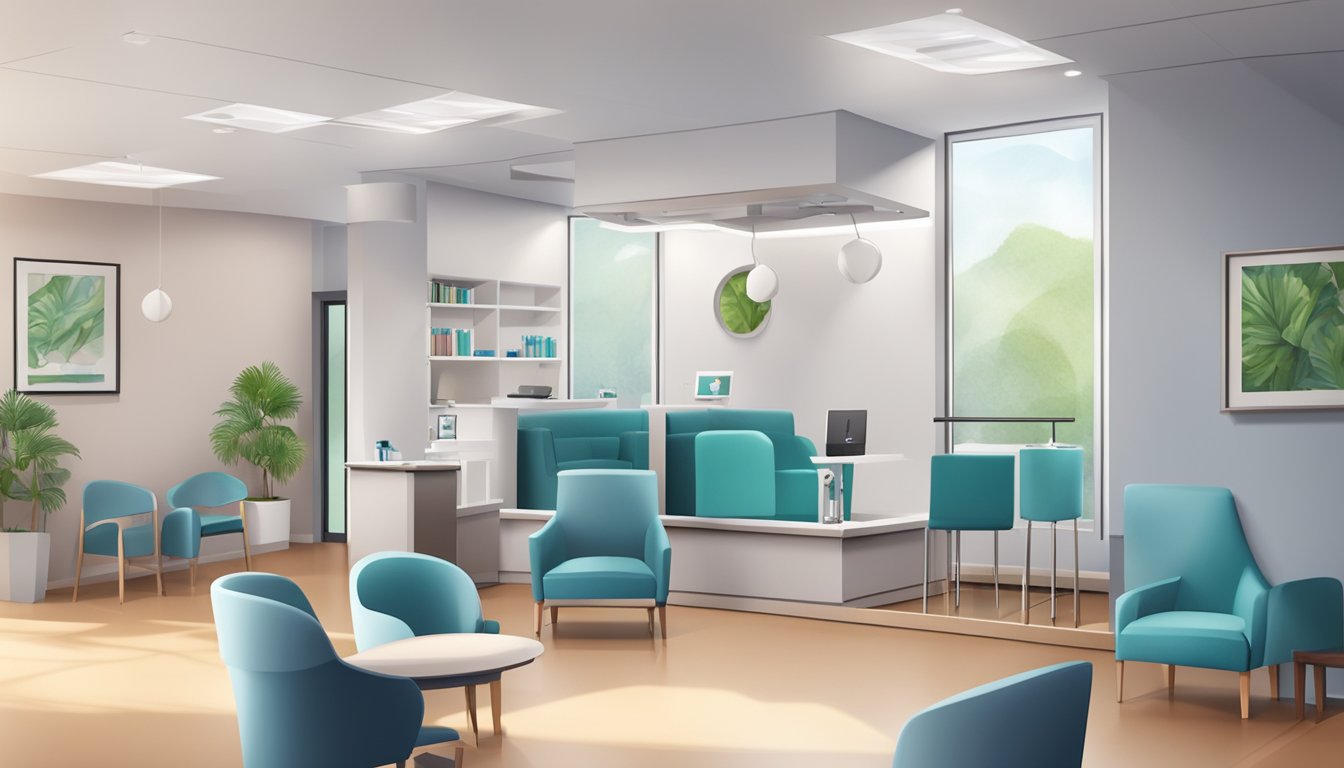A cardiologist's clinic with medical equipment, a desk, and a cozy waiting area with chairs and a reception desk