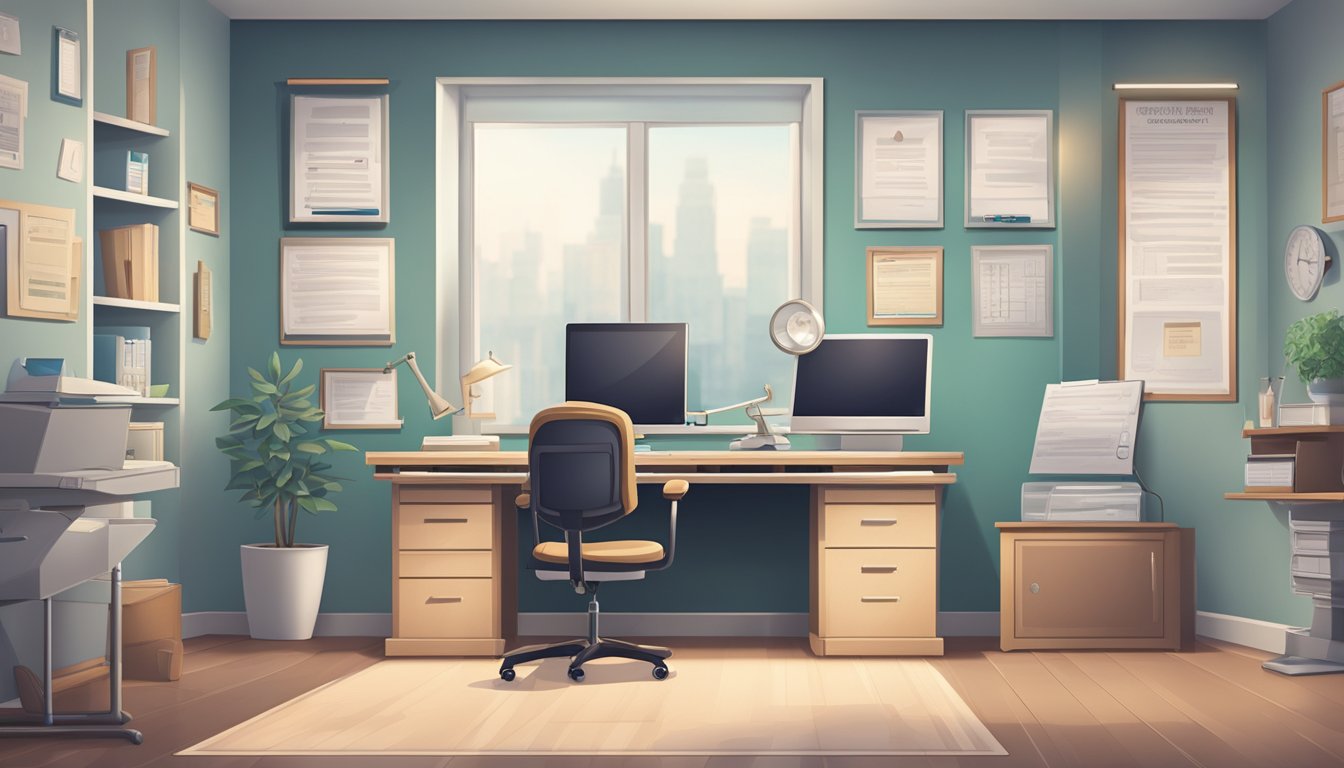 A cardiologist's office with a desk, computer, medical equipment, and diplomas on the wall